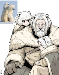 Rule 34 | 1girl, 2boys, :&lt;, animal ears, bear, bear boy, bear ears, bear girl, beard, black eyes, brown cape, brown gloves, brown jacket, brown pants, cape, closed eyes, closed mouth, coat, facial hair, fur-trimmed coat, fur cape, fur trim, gegegekman, gloves, highres, jacket, medium hair, multiple boys, mustache, old, old man, original, pants, photo inset, polar bear, profile, reference inset, signature, sitting, smile, thick mustache, white background, white hair, wrinkled skin