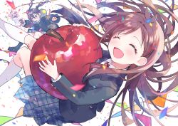 Rule 34 | 3girls, absurdres, antenna hair, apple, black hair, black jacket, blazer, blue hair, blue skirt, blush, brown eyes, brown hair, closed eyes, commentary request, confetti, food, fruit, highres, holding, holding food, holding fruit, huge filesize, idolmaster, idolmaster cinderella girls, jacket, long hair, long sleeves, mask, miniskirt, mole, mole under eye, mouth mask, multicolored hair, multiple girls, open mouth, pink hair, pleated skirt, sharp teeth, shirt, short hair, simple background, skirt, smile, streamers, sunazuka akira, surgical mask, t-shirt, teeth, tsujino akari, twintails, two-tone hair, white background, white shirt, yumemi riamu, zuho (vega)