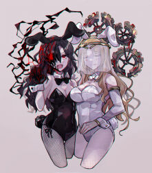 Rule 34 | 2girls, alternate costume, animal ears, black bow, black bowtie, black gloves, black leotard, blonde hair, blood, blood vessels, bow, bowtie, breasts, brown hair, claw pose, eileen (project moon), elena (project moon), fake animal ears, fangs, gears, gloves, grey background, large breasts, leotard, library of ruina, long hair, multiple girls, open mouth, playboy bunny, project moon, rabbit ears, red eyes, simple background, traditional bowtie, very long hair, white bow, white bowtie, white leotard, yono neie