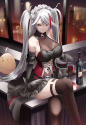 Rule 34 | 1girl, alcohol, alternate costume, azur lane, bare shoulders, belt, black dress, black gloves, black thighhighs, bottle, breasts, building, closed mouth, crossed legs, cup, dress, drinking glass, enmaided, feet out of frame, gloves, hand on table, highres, long hair, looking at viewer, maid, maid headdress, manjirou (manji illust), manjuu (azur lane), medium breasts, multicolored hair, night, official alternate costume, parted lips, prinz eugen (azur lane), prinz eugen (kindred evening spirits) (azur lane), red eyes, sitting, solo, streaked hair, table, thighhighs, twintails, white hair, window, wine bottle, wine glass