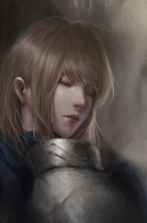 Rule 34 | 1girl, armor, artoria pendragon (fate), blonde hair, breastplate, commentary, english commentary, closed eyes, fate/stay night, fate (series), lips, medium hair, portrait, saber (fate), sleeping, solo, viet le quoc