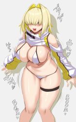 Rule 34 | 1girl, adapted costume, akitsuki karasu, bikini, bikini under clothes, blonde hair, blush, bouncing breasts, breasts, cleavage, clothing cutout, commentary, cropped jacket, curvy, drop shadow, elegg (nikke), fang, feet out of frame, goddess of victory: nikke, grey background, hair intakes, hair over eyes, highres, jacket, large breasts, long bangs, looking at viewer, multicolored clothes, multicolored jacket, navel, open mouth, purple eyes, short hair, shoulder cutout, simple background, skindentation, smile, solo, standing, string bikini, swimsuit, thigh strap, turtleneck, two-tone jacket, white bikini, white jacket, yellow jacket