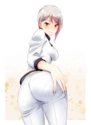 Rule 34 | 10s, 1girl, ass, ass grab, breasts, deep skin, grabbing own ass, hand on ass, highres, kiko (okuwae), looking at viewer, nakiri alice, pants, pantylines, red eyes, shokugeki no souma, short hair, silver hair, simple background, skin tight, smile, solo, tight clothes, tight pants, weavehabit