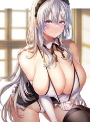 Rule 34 | 1girl, alternate breast size, angry, azur lane, bare shoulders, blush, bow, breasts, cleavage, detached collar, effort star, elbow gloves, enterprise (azur lane), frills, gloves, hair between eyes, highres, huge breasts, long hair, looking at viewer, maid, maid headdress, one-piece swimsuit, purple eyes, solo, swimsuit, thick thighs, thighhighs, thighs, very long hair