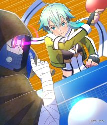 Rule 34 | 1boy, 1girl, ball, bandaged arm, bandages, black gloves, blue eyes, blue hair, brown cape, cape, closed mouth, death gun, dutch angle, fingerless gloves, gloves, glowing, glowing eye, green jacket, hair ornament, hairclip, highres, hood, hood up, hooded, jacket, long sleeves, open clothes, open jacket, orange background, paddle, scarf, short hair with long locks, sidelocks, sinon, smile, sword art online, table tennis, table tennis ball, table tennis net, table tennis paddle, tu tora2, twitter username, white scarf