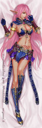 Rule 34 | 1girl, armlet, artist name, blue eyes, blue footwear, blue gloves, boots, breasts, cleavage, dakimakura (medium), earrings, english text, full body, gloves, highres, jewelry, knee boots, long hair, long pointy ears, looking at viewer, lying, myme1, myuria tionysus, navel, on back, parted lips, pink hair, pointy ears, realistic, skirt, solo, star ocean, star ocean the last hope, tattoo, very long hair