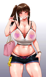 Rule 34 | 1girl, absurdres, bag, bite mark, black shorts, blunt bangs, blush, bracelet, breasts, brown eyes, brown hair, cleavage, commentary, condom, condom wrapper, crop top, denim, denim shorts, girls und panzer, gradient background, grey background, grin, half-closed eyes, handbag, heart, heart print, highres, huge breasts, jewelry, long hair, looking at viewer, mature female, micro shorts, midriff, navel, nishizumi shiho, one side up, panties, print shirt, purple panties, rasson, shirt, short shorts, shorts, sidelocks, skindentation, smile, solo, spaghetti strap, standing, strap slip, string panties, sweat, thumb in pocket, underwear, white shirt