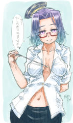 Rule 34 | 10s, 1girl, bespectacled, blush, breasts, cleavage, glasses, halo, highres, kantai collection, large breasts, mechanical halo, navel, pencil skirt, pointer, purple eyes, purple hair, ryou (shirotsumesou), short hair, skirt, smile, solo, tatsuta (kancolle), teacher, teaching, teasing, translation request