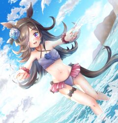 Rule 34 | 1girl, animal ears, black hair, blush, breasts, collarbone, commentary request, dutch angle, flower, hair ornament, hair over one eye, headband, highres, horse ears, horse girl, horse tail, navel, ocean, open mouth, outstretched arms, purple eyes, rice shower (umamusume), sky, small breasts, solo, spread arms, standing, swimsuit, tail, thigh strap, umamusume, water, yukiomi kizuki