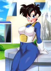 Rule 34 | 1girl, armor, black hair, blue bodysuit, blue eyes, blue sky, blush, bodysuit, breasts, building, cloud, cosplay, covered navel, dragon ball, dragonball z, fountain, gloves, grass, impossible bodysuit, impossible clothes, looking at viewer, medium breasts, open mouth, rom (20), saiyan armor, short hair, sitting, sky, smile, solo, vegeta, vegeta (cosplay), videl, white gloves
