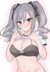 Rule 34 | 1girl, argule0901, black bra, blush, bottomless, bra, brazier, breasts, cleavage, clothes lift, drill hair, frown, grey hair, hair ribbon, highres, idolmaster, idolmaster cinderella girls, kanzaki ranko, large breasts, long hair, looking at viewer, navel, partially undressed, red eyes, ribbon, shirt lift, simple background, solo, twin drills, twintails, underwear, upper body