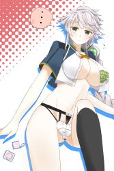 Rule 34 | 10s, 1girl, braid, breasts, cleavage, cleavage cutout, clothing cutout, cloud print, condom, condom wrapper, crop top, crop top overhang, hair ornament, highres, jitome, kantai collection, kefir, large breasts, long hair, looking at viewer, lying, midriff, on back, open clothes, open shirt, pleated skirt, pussy juice, pussy juice trail, shirt, silver hair, single braid, skirt, solo, thighhighs, thighs, uncle (artist), underboob, unryuu (kancolle), very long hair, yellow eyes