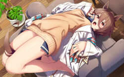 Rule 34 | 1girl, absurdres, agnes tachyon (umamusume), animal ears, barefoot, between legs, blush, breasts, brown hair, chair, commentary request, hair between eyes, highres, horse ears, horse girl, horse tail, indoors, lab coat, legs, long sleeves, looking at viewer, medium breasts, no legwear, open mouth, plant, red eyes, shadow, shinomu (cinomoon), short hair, sleeves past wrists, solo, sweater vest, tail, tail between legs, test tube, thighs, umamusume, vest, wooden floor