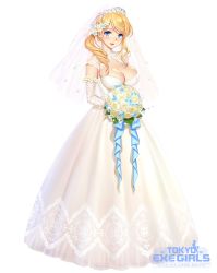 Rule 34 | 1girl, blonde hair, blue eyes, blush, bouquet, breasts, bridal veil, cleavage, commentary request, dress, elbow gloves, flower, gloves, hair flower, hair ornament, highres, jewelry, large breasts, logo, looking at viewer, open mouth, original, re:shimashima, simple background, solo, tiara, tokyo exe girls, veil, wedding dress, white background, white dress, white gloves