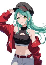 Rule 34 | 1girl, adjusting clothes, adjusting headwear, aqua hair, bang dream!, bare shoulders, belt, black hat, breasts, cabbie hat, cleavage, cleavage cutout, clothing cutout, collarbone, crop top, fries vanquisher, green eyes, hat, highres, hikawa sayo, jacket, long hair, looking at viewer, medium breasts, midriff, navel, open mouth, pants, red jacket, simple background, solo, white background