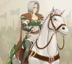 Rule 34 | 1girl, amalda, armor, breastplate, breasts, bridle, cape, cleavage, elbow gloves, fingerless gloves, fire emblem, fire emblem: thracia 776, gloves, green eyes, grey hair, horse, nintendo, nonji (sayglo halo), pauldrons, reins, riding, sheath, sheathed, shoulder armor, solo, sword, thighhighs, weapon