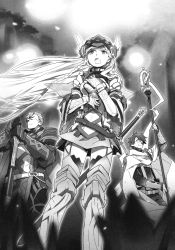 Rule 34 | armor, armored boots, armored dress, boots, braid, breasts, cape, crusty (log horizon), dress, floating hair, from below, garter straps, glasses, gloves, greaves, greyscale, hands on hilt, hara kazuhiro, highres, holding, holding staff, log horizon, long hair, monochrome, novel illustration, official art, outdoors, pauldrons, reinesia el arte cowen, sheath, sheathed, shiroe (log horizon), short dress, shoulder armor, small breasts, staff, sword, thigh boots, thighhighs, very long hair, weapon, zettai ryouiki