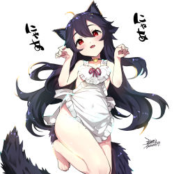 Rule 34 | 1girl, ahoge, animal ears, apron, black choker, black hair, blush, breasts, choker, collarbone, commentary request, dated, ejami, ekko (ejami), fang, fox ears, fox girl, fox tail, hair between eyes, long hair, looking at viewer, nail polish, naked apron, original, pink nails, red eyes, signature, simple background, small breasts, smile, solo, tail, translation request, white apron, white background