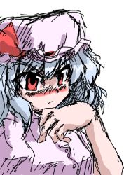 Rule 34 | 1girl, bad id, bad pixiv id, blue hair, blush, female focus, hat, lowres, okumari, red eyes, remilia scarlet, simple background, solo, touhou, upper body, white background