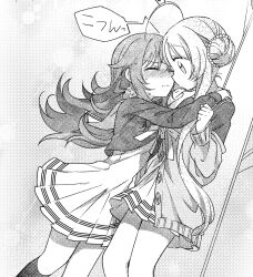 Rule 34 | 2girls, beads, black socks, blush, closed eyes, closed mouth, commentary request, cropped jacket, dress, greyscale, hair bun, hair ornament, hands on another&#039;s shoulders, highres, hoshikuzu telepath, imminent kiss, jacket, kneehighs, long hair, looking at another, monochrome, multiple girls, official art, ookuma rasuko, school uniform, second-party source, socks, yuri