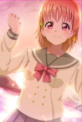 Rule 34 | 1girl, blurry, bow, bowtie, closed mouth, clover hair ornament, dutch angle, grey sailor collar, grey skirt, hair bow, hair ornament, highres, lens flare, long sleeves, looking at viewer, love live!, love live! sunshine!!, miniskirt, orange hair, otsumami (otsu-mugi), outdoors, pleated skirt, red bow, red bowtie, red eyes, sailor collar, shirt, short hair, skirt, smile, solo, standing, takami chika, upper body, white shirt, yellow bow