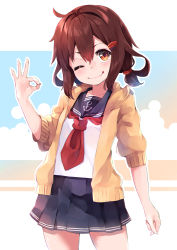 Rule 34 | 1girl, anchor symbol, black sailor collar, black skirt, brown eyes, brown hair, cardigan, closed mouth, collarbone, cowboy shot, fang, hair between eyes, hair ornament, hairclip, highres, ikazuchi (kancolle), kantai collection, neckerchief, one eye closed, open cardigan, open clothes, pleated skirt, red neckerchief, sailor collar, school uniform, serafuku, short hair, skin fang, skirt, smile, solo, taisho (gumiyuki), tongue, tongue out, yellow cardigan