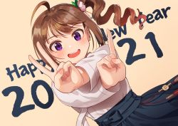 Rule 34 | 1girl, 2021, ahoge, black skirt, brown background, brown hair, commentary, crossed wrists, drill hair, dutch angle, english text, flower, hair flower, hair ornament, happy new year, idolmaster, idolmaster million live!, index finger raised, kamille (vcx68), long sleeves, looking at viewer, medium hair, new year, open mouth, purple eyes, shirt, side ponytail, simple background, skirt, smile, solo, v, white shirt, yokoyama nao
