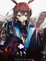 Rule 34 | 1girl, amiya (arknights), amiya (guard) (arknights), animal ears, arknights, ascot, black coat, blood, blood on clothes, blood on face, blue coat, blue eyes, brown background, brown hair, chinese commentary, closed mouth, coat, commentary request, english text, flower, frilled ascot, frills, grey background, highres, holding, holding flower, incoming gift, kkkovo, long hair, long sleeves, looking at viewer, noise, official alternate costume, purple ascot, rabbit ears, smile, solo, upper body