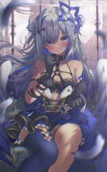 Rule 34 | 1girl, absent, absurdres, amane kanata, amane kanata (another world), angel, angel wings, bare shoulders, black choker, black gloves, black skirt, blue flower, blue hair, blue rose, blue thighhighs, blush, breasts, choker, chromatic aberration, colored inner hair, commentary, fallen angel, feathered wings, feathers, flower, frilled skirt, frills, gem, gloves, grey hair, grin, hair bun, hair ornament, hair over one eye, halo, highres, hololive, long hair, looking at viewer, multicolored hair, purple eyes, rose, shoulder tattoo, single thighhigh, sitting, skirt, small breasts, smile, solo, star halo, streaked hair, symbol-only commentary, tattoo, thighhighs, virtual youtuber, wings