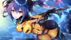 Rule 34 | 1girl, ass, blue hair, bodysuit, breasts, highres, impossible clothes, large breasts, looking at viewer, quna (pso2), racket ti1, solo, yellow eyes