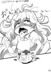 Rule 34 | 10s, 1girl, 4shi, amaama to inazuma, bowl, child, food, heart, highres, holding, inuzuka tsumugi, long hair, monochrome, open mouth, simple background, sitting, solo, spoon, text focus, tongue, tongue out, white background