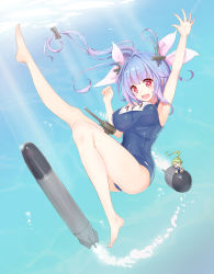 Rule 34 | 10s, 2girls, 53cm hull-mount (oxygen) torpedoes, arm up, armpits, barefoot, blue hair, blush, breasts, fairy (kancolle), green hair, highres, i-19 (kancolle), kagerou (shadowmage), kantai collection, large breasts, long hair, multiple girls, one-piece swimsuit, open mouth, school swimsuit, smile, swimsuit, torpedo