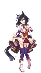Rule 34 | 1girl, animal ears, black hair, blue eyes, bob cut, breasts, ear scrunchie, eishin flash (umamusume), hand on own chest, highres, horse ears, horse girl, horse tail, jacket, large breasts, long sleeves, looking at viewer, midriff, navel, official art, purple thighhighs, red shorts, scrunchie, short hair, shorts, simple background, smile, solo, starting future (umamusume), tail, thighhighs, transparent background, umamusume, white jacket, white scrunchie