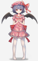 Rule 34 | 1girl, bat wings, blue hair, fang, fang out, frilled skirt, frills, full body, grey background, hat, hat ribbon, highres, interlocked fingers, looking at viewer, miniskirt, mob cap, no shoes, pantyhose, pigeon-toed, puffy short sleeves, puffy sleeves, red eyes, red ribbon, remilia scarlet, ribbon, ribbon-trimmed headwear, ribbon trim, shirt, shone, short hair, short sleeves, simple background, skirt, smile, solo, standing, touhou, white pantyhose, wings