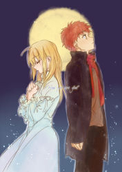 Rule 34 | 1boy, 1girl, ahoge, alternate costume, alternate hairstyle, artoria pendragon (fate), blonde hair, dress, emiya shirou, closed eyes, fate/stay night, fate/zero, fate (series), greatcoat, hair down, own hands clasped, moon, own hands together, red hair, saber (fate), scarf, size difference, star (symbol)
