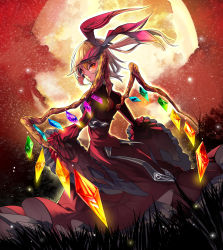Rule 34 | 1girl, absurdres, alternate costume, blonde hair, dress, female focus, flandre scarlet, full moon, grass, hair ribbon, highres, looking at viewer, looking back, moon, night, night sky, aged up, orange eyes, parted lips, red dress, red sky, ribbon, sky, solo, embodiment of scarlet devil, touhou, tsukimoto aoi, wings