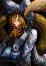 Rule 34 | 1girl, blonde hair, blood, breasts, covered erect nipples, creepy, female focus, hat, horror (theme), katzeh, large breasts, licking, realistic, solo, tail, touhou, yakumo ran