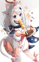 Rule 34 | 1girl, :3, absurdres, animal ear fluff, animal ears, animal ears (norankkori), blue eyes, cat ears, cat tail, commentary, dress, fang, fang out, food, genshin impact, hair flaps, hair ornament, hairclip, halo, highres, holding, holding food, long hair, long sleeves, looking at viewer, paimon (genshin impact), simple background, single thighhigh, smile, solo, star (symbol), symbol-only commentary, tail, thighhighs, white hair, white thighhighs