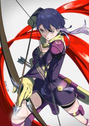 Rule 34 | 1girl, absurdres, arrow (projectile), bernadetta von varley, bike shorts, boots, bow (weapon), breasts, cleavage, dated, dress, earrings, fire emblem, fire emblem: three houses, foreshortening, gloves, gradient background, grey background, grey eyes, highres, jewelry, knee boots, long sleeves, medium breasts, medium hair, nintendo, parted lips, pouch, purple dress, purple footwear, purple hair, quiver, shadow, shimizu kazunari, short dress, solo, thigh pouch, thigh strap, thighs, weapon, wind, yellow gloves
