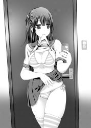 Rule 34 | 1girl, bad id, bad pixiv id, bikini, bikini under clothes, blunt bangs, blush, breasts, cellphone, cleavage, clothes lift, cowboy shot, door, greyscale, groin, hair bobbles, hair ornament, heart, highres, holding, holding phone, indoors, lifted by self, light switch, long hair, medium breasts, micro bikini, monochrome, one side up, original, phone, pleated skirt, selfie, shirt lift, short sleeves, side-tie bikini bottom, skirt, skirt lift, smartphone, solo, standing, string bikini, striped bikini, striped clothes, striped thighhighs, swimsuit, taking picture, tareme, thighhighs, underboob, uzutama