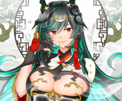 Rule 34 | 1girl, black hair, braid, breasts, chinese zodiac, draph, granblue fantasy, green eyes, green hair, hair ornament, highres, horns, large breasts, looking at viewer, mole, mole under mouth, multicolored eyes, multicolored hair, payila (granblue fantasy), pointy ears, ppptoka, red eyes, single braid, solo, upper body
