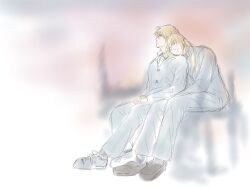 Rule 34 | 2boys, bkb chimo, blonde hair, canute, closed eyes, closed mouth, highres, leaning on person, male focus, multiple boys, profile, school uniform, shoes, sitting, sleeping, sleeping on person, thorfinn, uniform, vinland saga