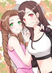 Rule 34 | 2girls, aerith gainsborough, bare shoulders, black gloves, black hair, black sports bra, blush, bracelet, braid, braided ponytail, breasts, brown hair, collarbone, commentary, crop top, dress, earrings, final fantasy, final fantasy vii, final fantasy vii remake, fingerless gloves, flower, gloves, green eyes, grin, hair behind ear, hair ribbon, hand on another&#039;s shoulder, hand up, highres, jewelry, long hair, looking at viewer, medium breasts, midriff, multiple girls, nalu, navel, parted bangs, pink dress, pink nails, pink ribbon, red eyes, ribbon, single earring, single sidelock, sleeveless, sleeveless dress, smile, sports bra, suspenders, swept bangs, symbol-only commentary, tank top, teeth, tifa lockhart, twitter username, upper body, v, white tank top