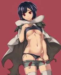 Rule 34 | 10s, 1girl, absurdres, ban (bannyata), black hair, black panties, breasts, cloak, clothes lift, creatures (company), game freak, grey thighhighs, groin, hand on own chest, highres, looking at viewer, midriff, navel, nintendo, over-kneehighs, panties, panty pull, pokemon, pokemon oras, red background, red eyes, shirt lift, short hair, short ponytail, short shorts, shorts, shoulder pads, side-tie panties, solo, stomach, thighhighs, underboob, underwear, zinnia (pokemon)
