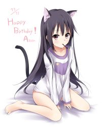 Rule 34 | 1girl, animal ears, barefoot, black hair, blush, bottomless, brown eyes, cat ears, cat tail, character name, dated, english text, hair down, happy birthday, highres, k-on!, kemonomimi mode, long hair, long sleeves, mouth hold, nakano azusa, pocky, pocky day, sitting, solo, tail, wariza, yuki (sangeki5806)
