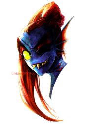 Rule 34 | 1girl, artist name, blue skin, character name, colored sclera, colored skin, eyebrows, eyepatch, eyeshadow, fins, g0966, gills, head fins, highres, makeup, monster girl, ponytail, portrait, red hair, sharp teeth, simple background, slit pupils, smirk, solo, teeth, thick eyebrows, undertale, undyne, white background, yellow sclera