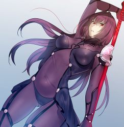 Rule 34 | 1girl, bad id, bad pixiv id, bodysuit, covered erect nipples, covered navel, dutch angle, fate/grand order, fate (series), gae bolg (fate), gluteal fold, gradient background, highres, holding, holding weapon, konrohhh, long hair, purple bodysuit, purple hair, red eyes, scathach (fate), solo, weapon