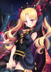 Rule 34 | 1girl, :d, absurdres, arm up, armpits, black leotard, black thighhighs, blonde hair, blush, breasts, detached sleeves, earrings, ereshkigal (fate), fate/grand order, fate (series), floating hair, hair ribbon, highres, holding, holding weapon, jewelry, leotard, long hair, looking at viewer, medium breasts, nanamira bi, night, open mouth, outdoors, red eyes, red ribbon, ribbon, sideboob, sitting, smile, solo, thighhighs, tohsaka rin, twintails, very long hair, weapon