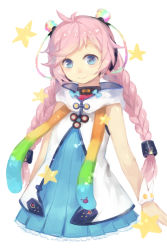 Rule 34 | 1girl, aimota, bare shoulders, blue eyes, blush, braid, dress, highres, hood, hood down, hoodie, long hair, open clothes, open hoodie, pink hair, rainbow gradient, rana (vocaloid), simple background, sleeveless, smile, solo, twin braids, vocaloid, white background, wrist cuffs