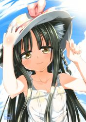 Rule 34 | 10s, 1girl, 2012, 6feather, animal ears, black hair, blush, bow, braid, brown eyes, cat ears, cat girl, cloud, dress, female focus, hat, long hair, looking at viewer, original, outdoors, sky, solo, straight hair, sun, sundress, twin braids, white dress, yamato (6feather)